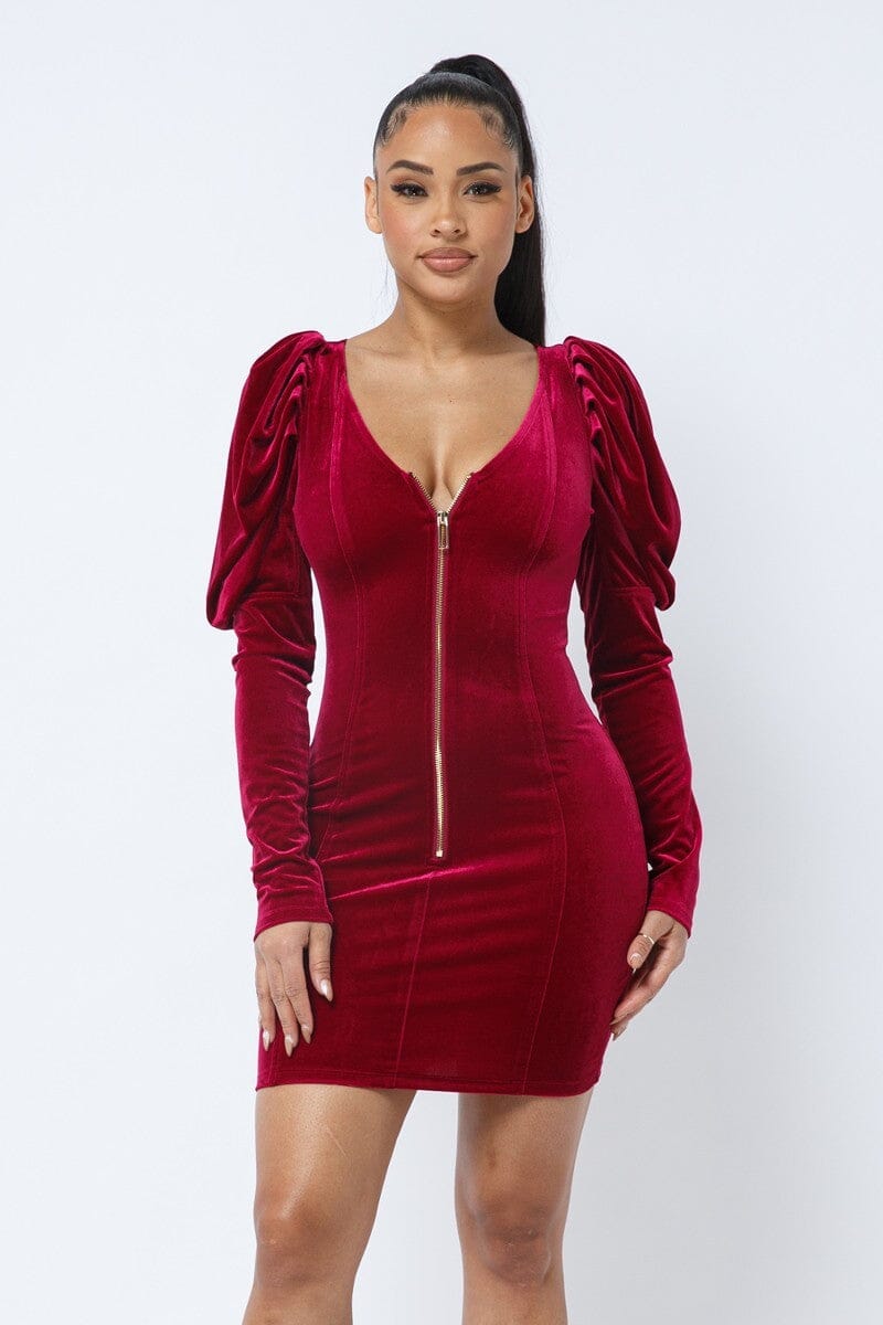 Women Soft Velvet Pleated Puff Sleeve Low V Neck Front And Back Mini Dress Dresses jehouze