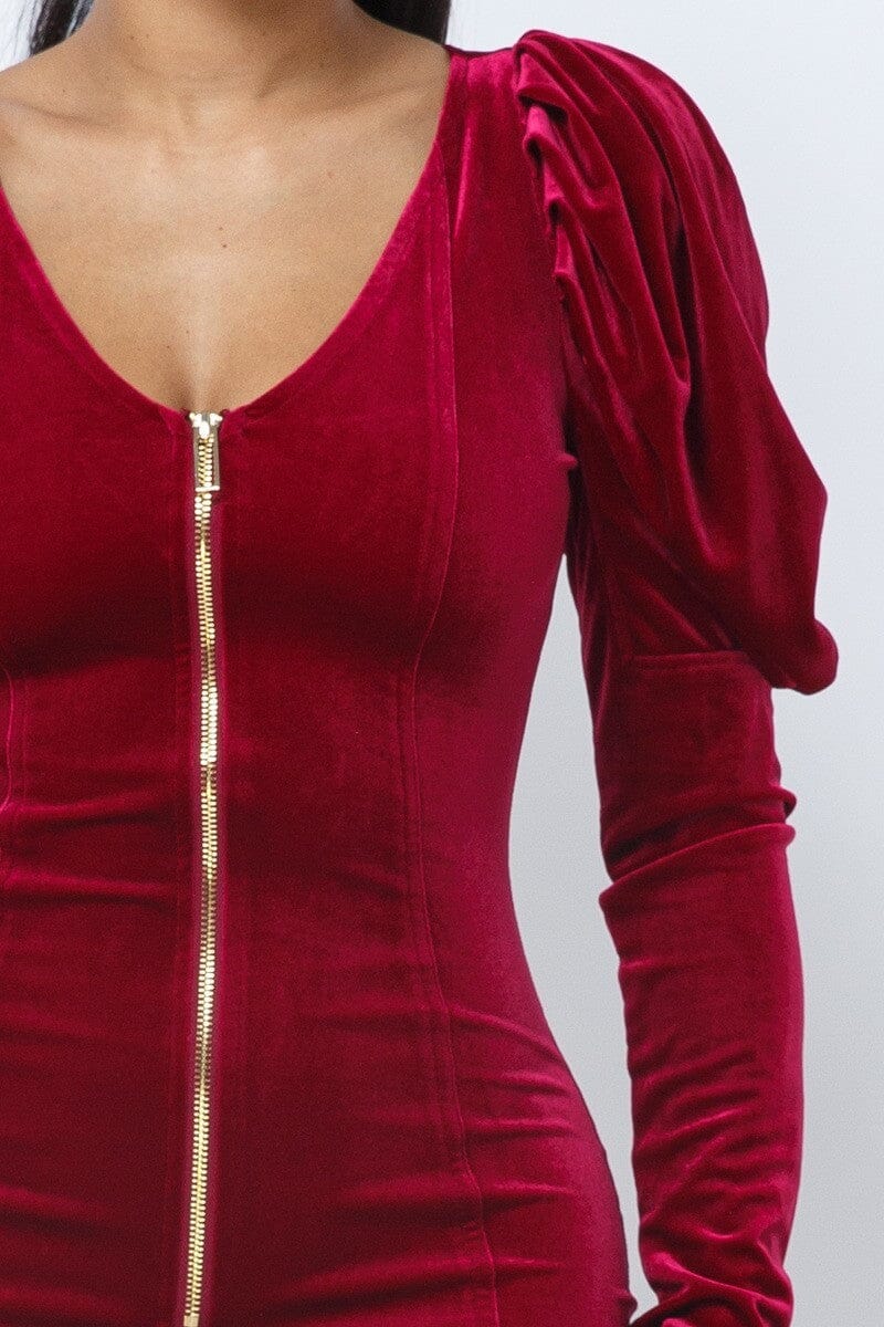 Women Soft Velvet Pleated Puff Sleeve Low V Neck Front And Back Mini Dress Dresses jehouze