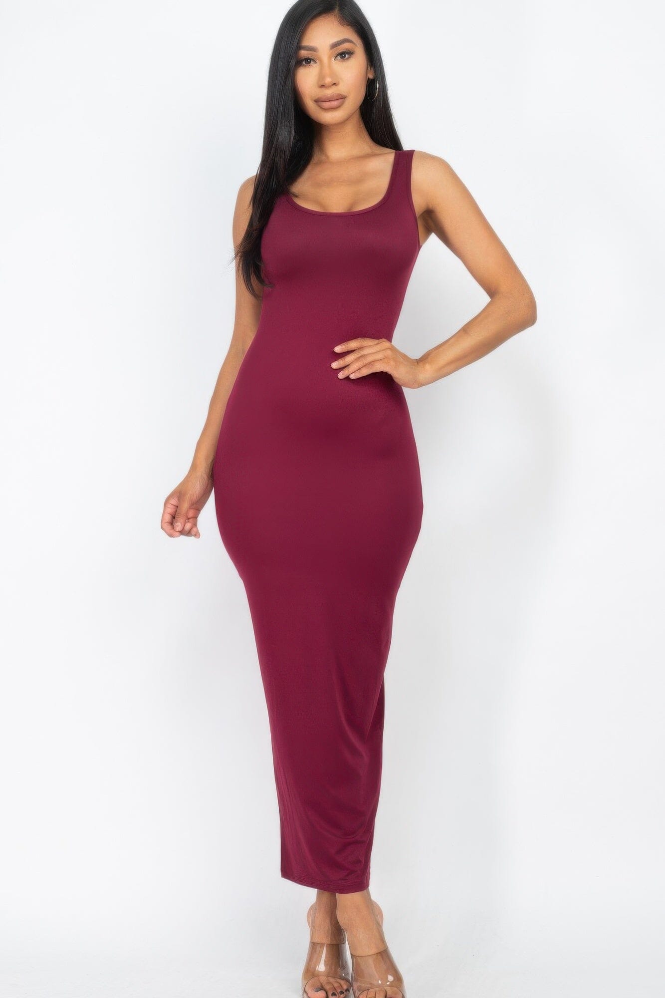 Women Solid Basic Maxi Dress Dresses jehouze Burgundy S