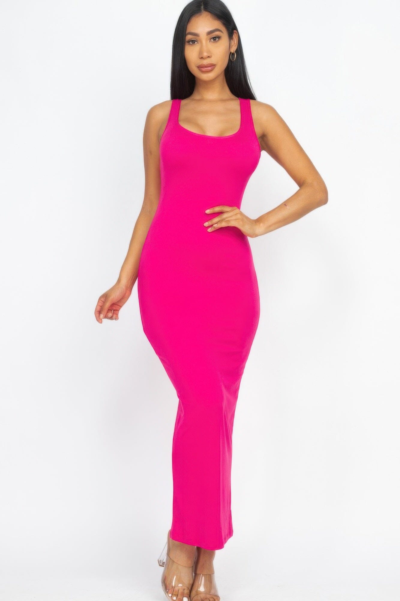 Women Solid Basic Maxi Dress Dresses jehouze Fuchsia S