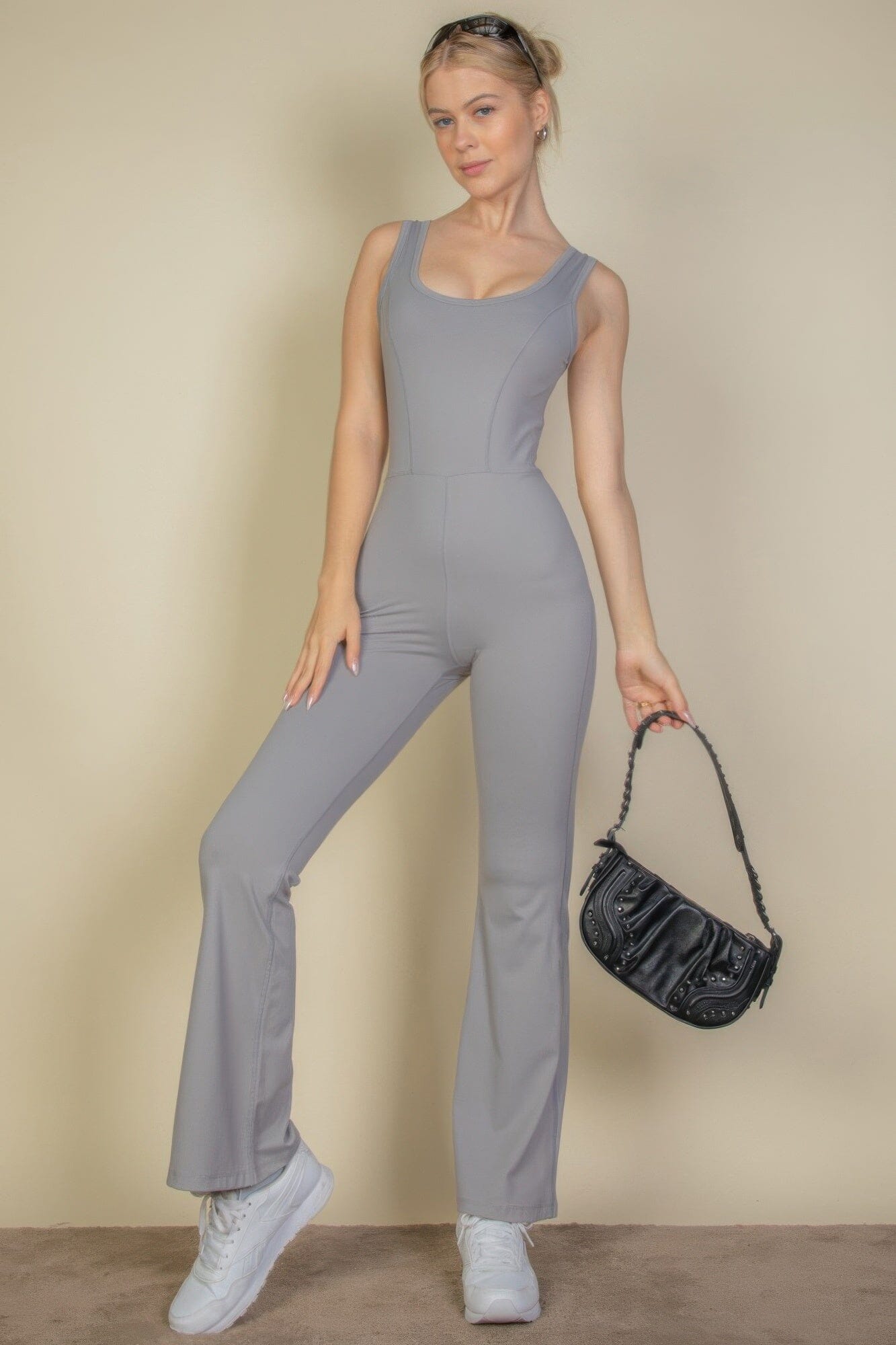 Women Solid Flare Leg Sports Jumpsuit Jumpsuits & Rompers jehouze