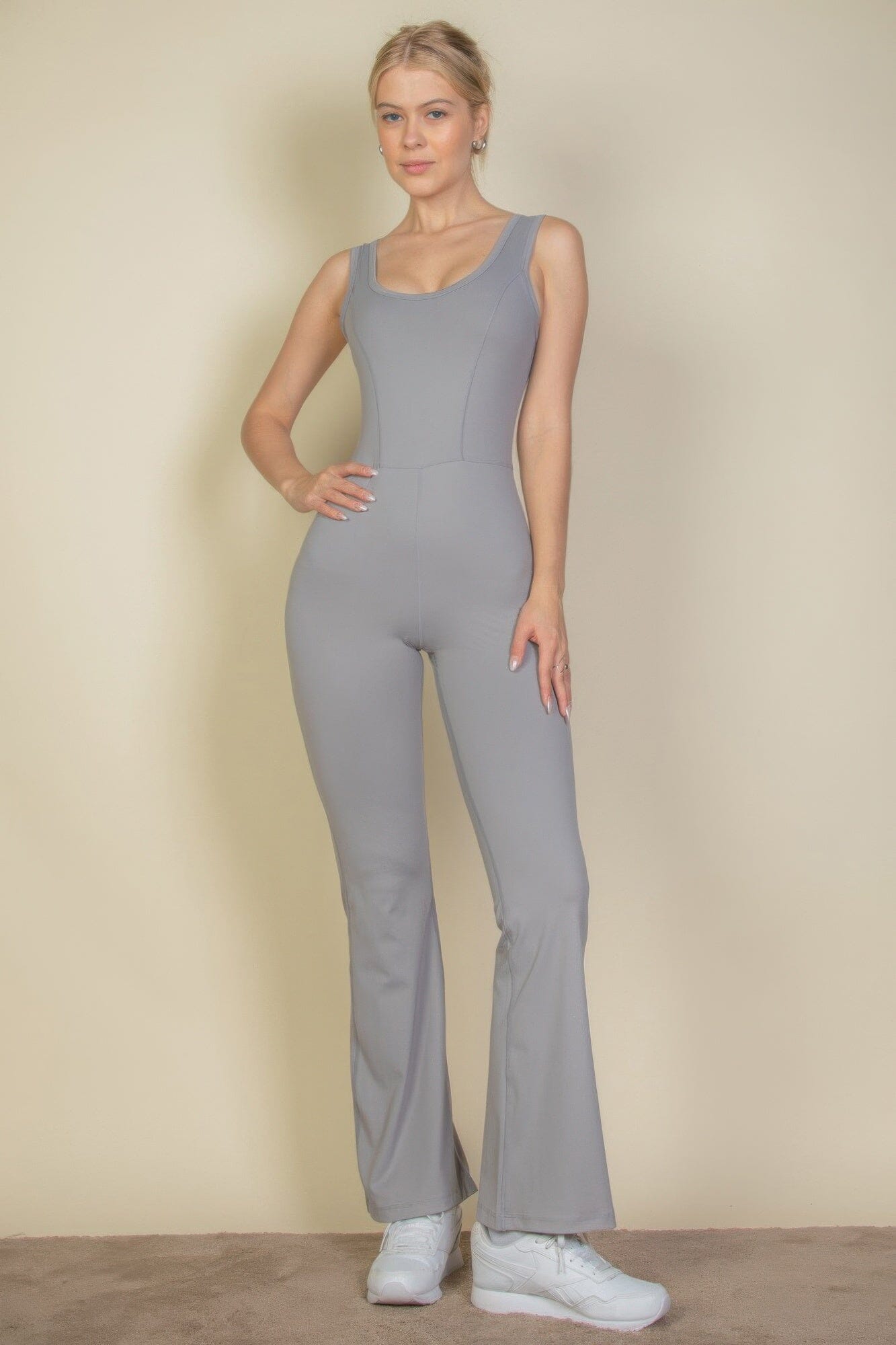Women Solid Flare Leg Sports Jumpsuit Jumpsuits & Rompers jehouze Cement S