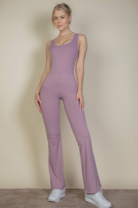 Women Solid Flare Leg Sports Jumpsuit Jumpsuits & Rompers jehouze Smoky pink S