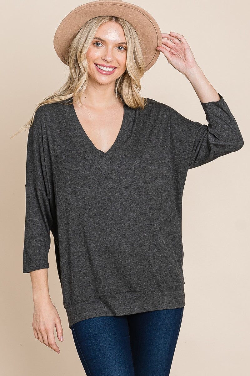 Women Solid Rib Modal Casual 3/4 Sleeves Dolman Sleeves Top Shirts & Tops jehouze Charcoal S