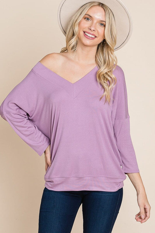 Women Solid Rib Modal Casual 3/4 Sleeves Dolman Sleeves Top Shirts & Tops jehouze Lavender S