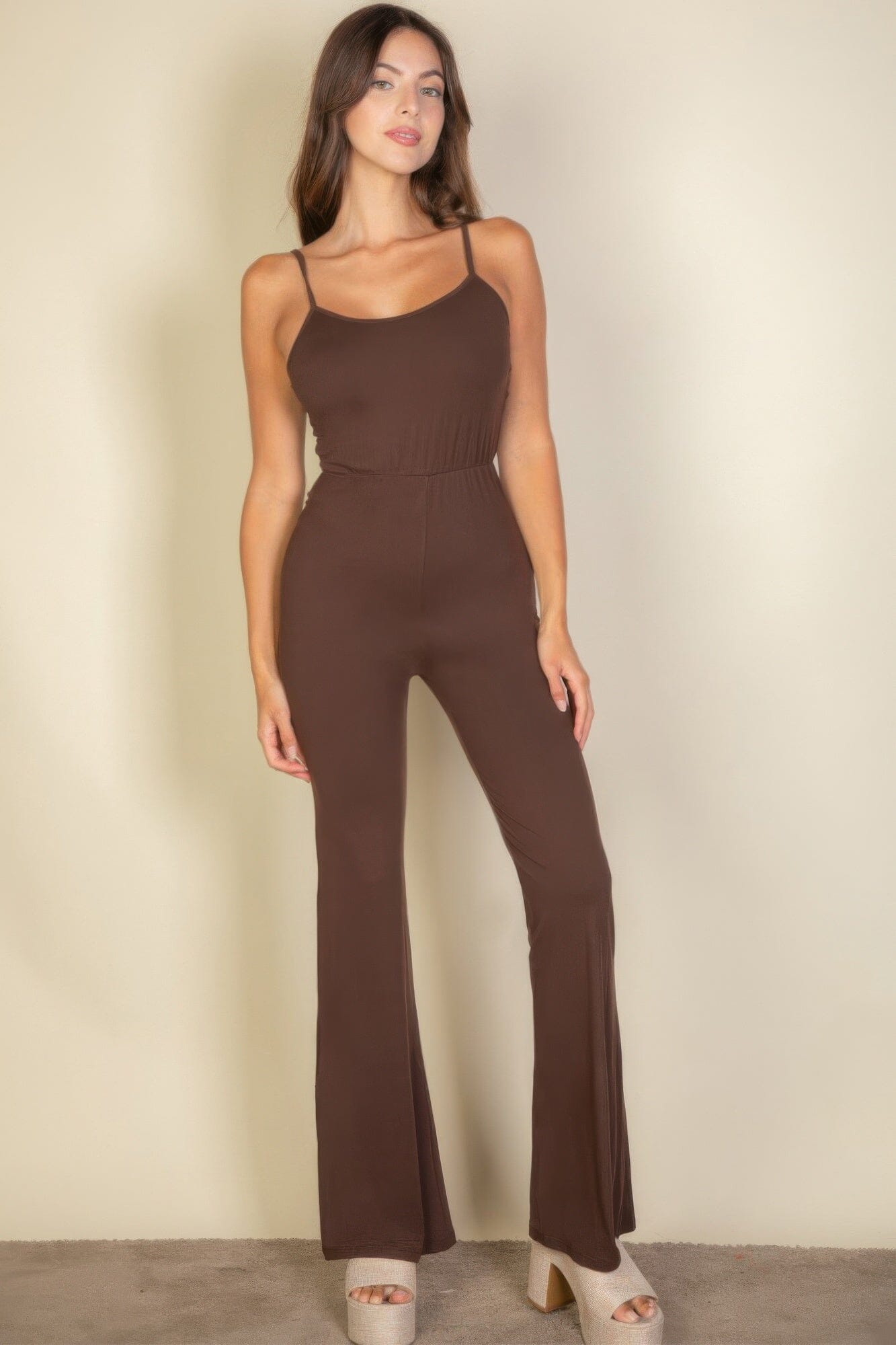 Women Solid Sleeveless Wide Leg Jumpsuit Jumpsuits & Rompers jehouze Coffee S