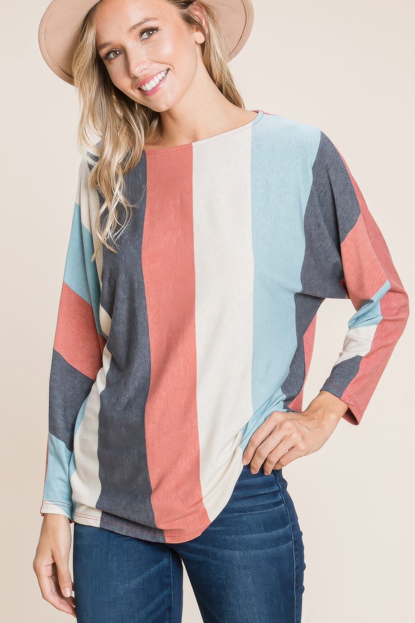 Women Striped Dolman Sleeves Top Shirts & Tops jehouze