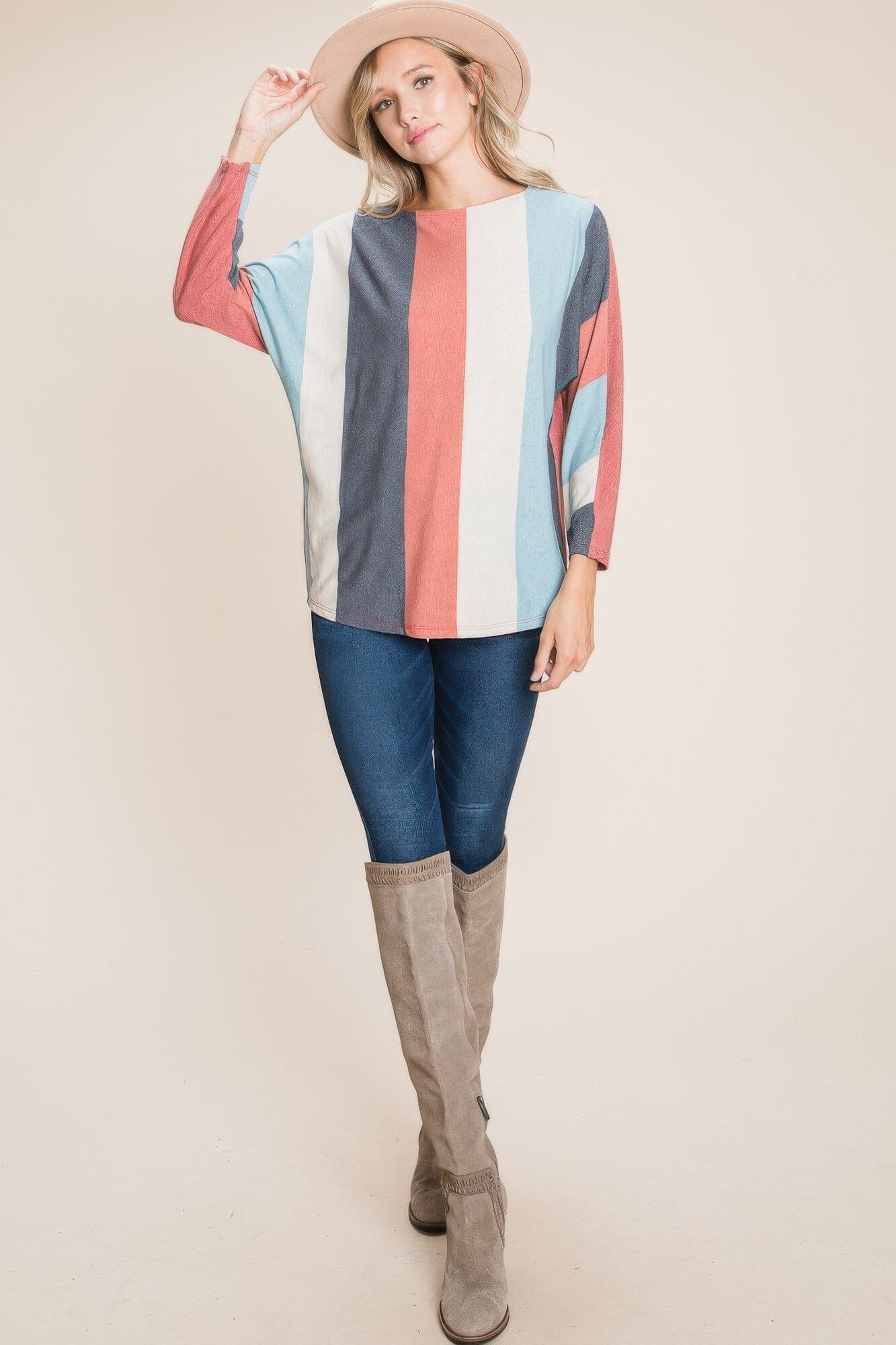 Women Striped Dolman Sleeves Top Shirts & Tops jehouze Rust/Mint S