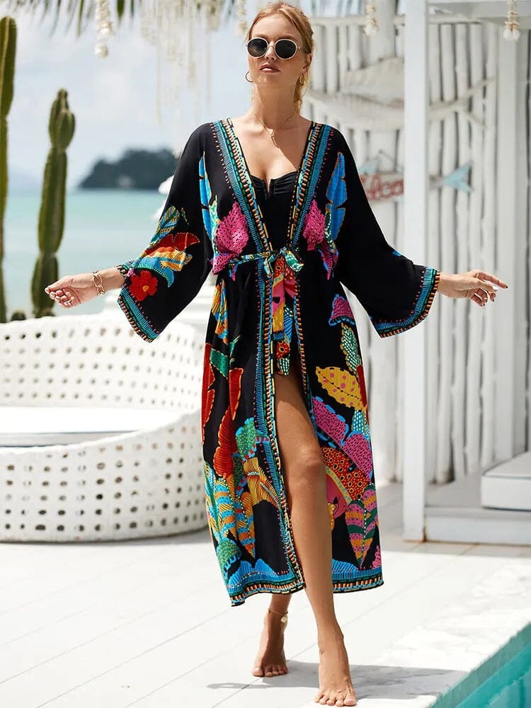 Women Summer Bohemian Long Kaftan Kimono Maxi Beach Coverup Outerwear jehouze
