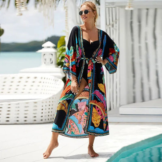 Women Summer Bohemian Long Kaftan Kimono Maxi Beach Coverup Outerwear jehouze Q1512-4