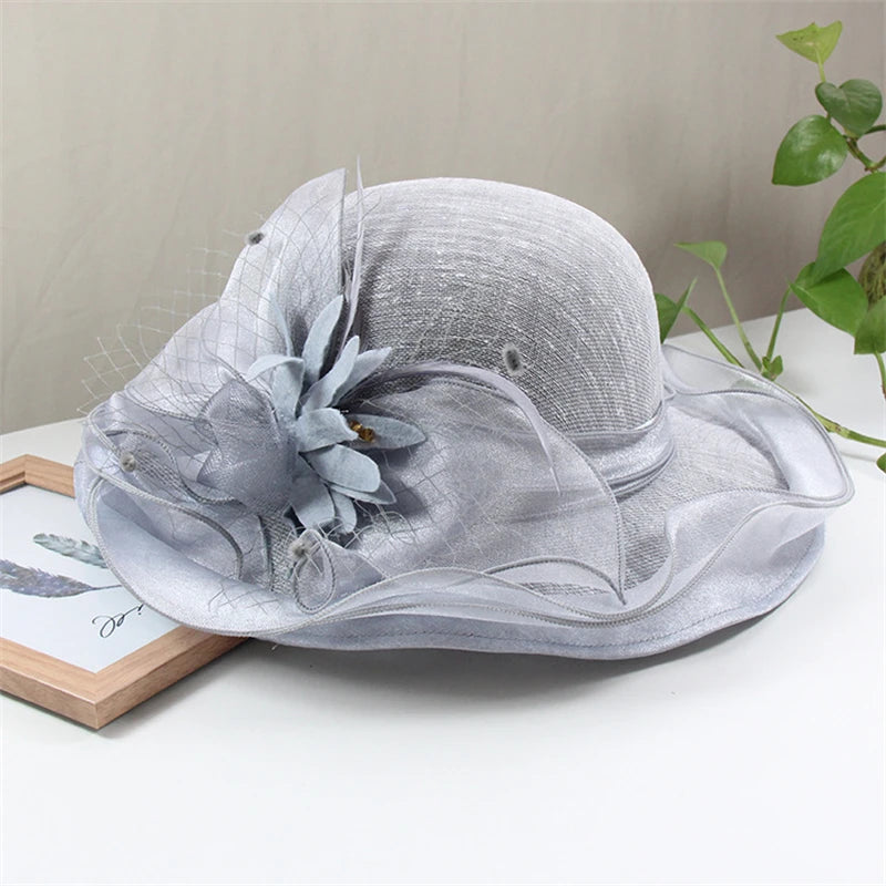 Women Summer Sunhat Flower Organza Church Fascinator Wedding Tea Party Derby Hat Hat jehouze grey
