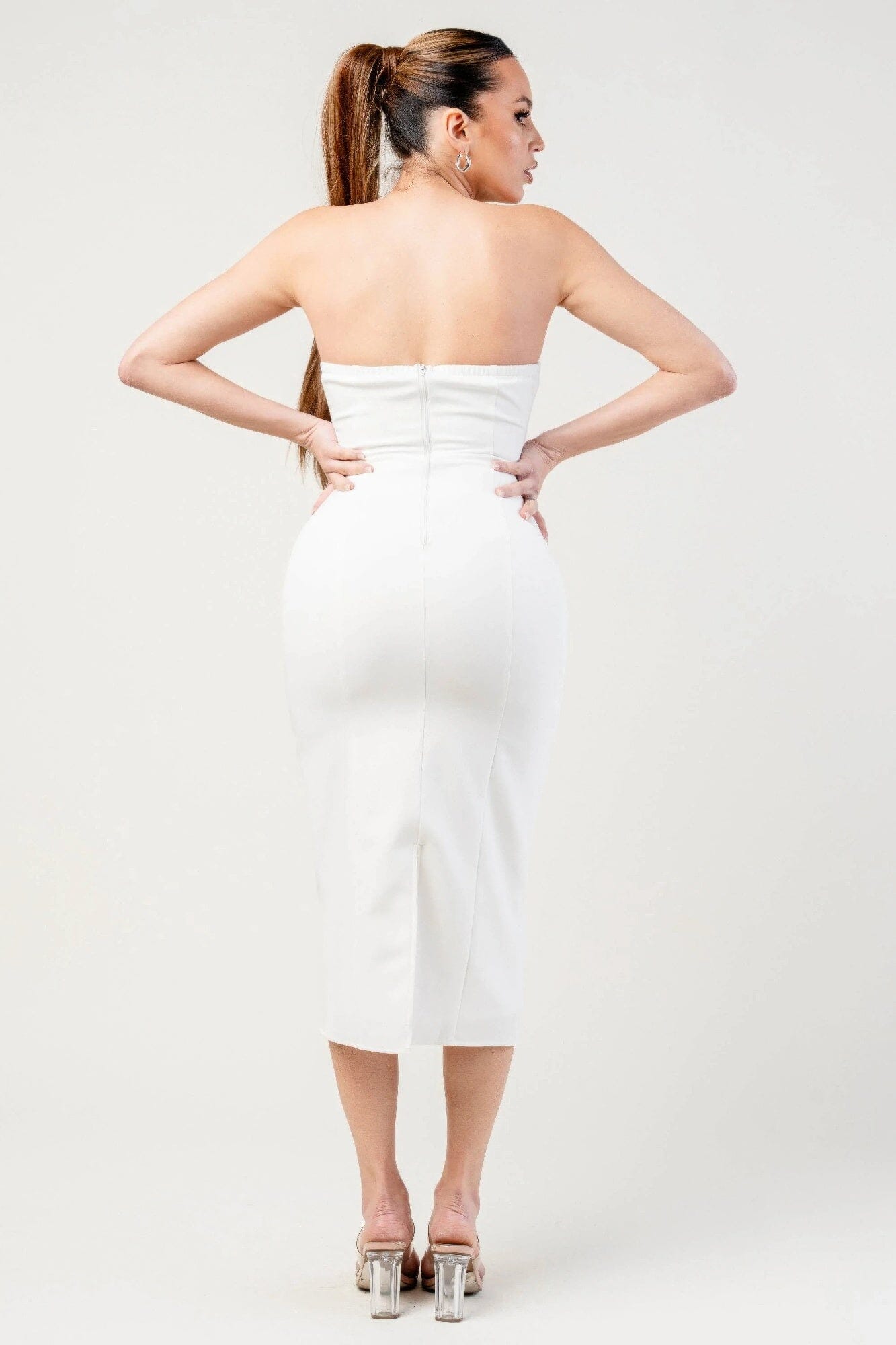 Women Thick Stretch Woven Sweetheart Neck Tube Midi Dress With Pocket Flap Dresses jehouze