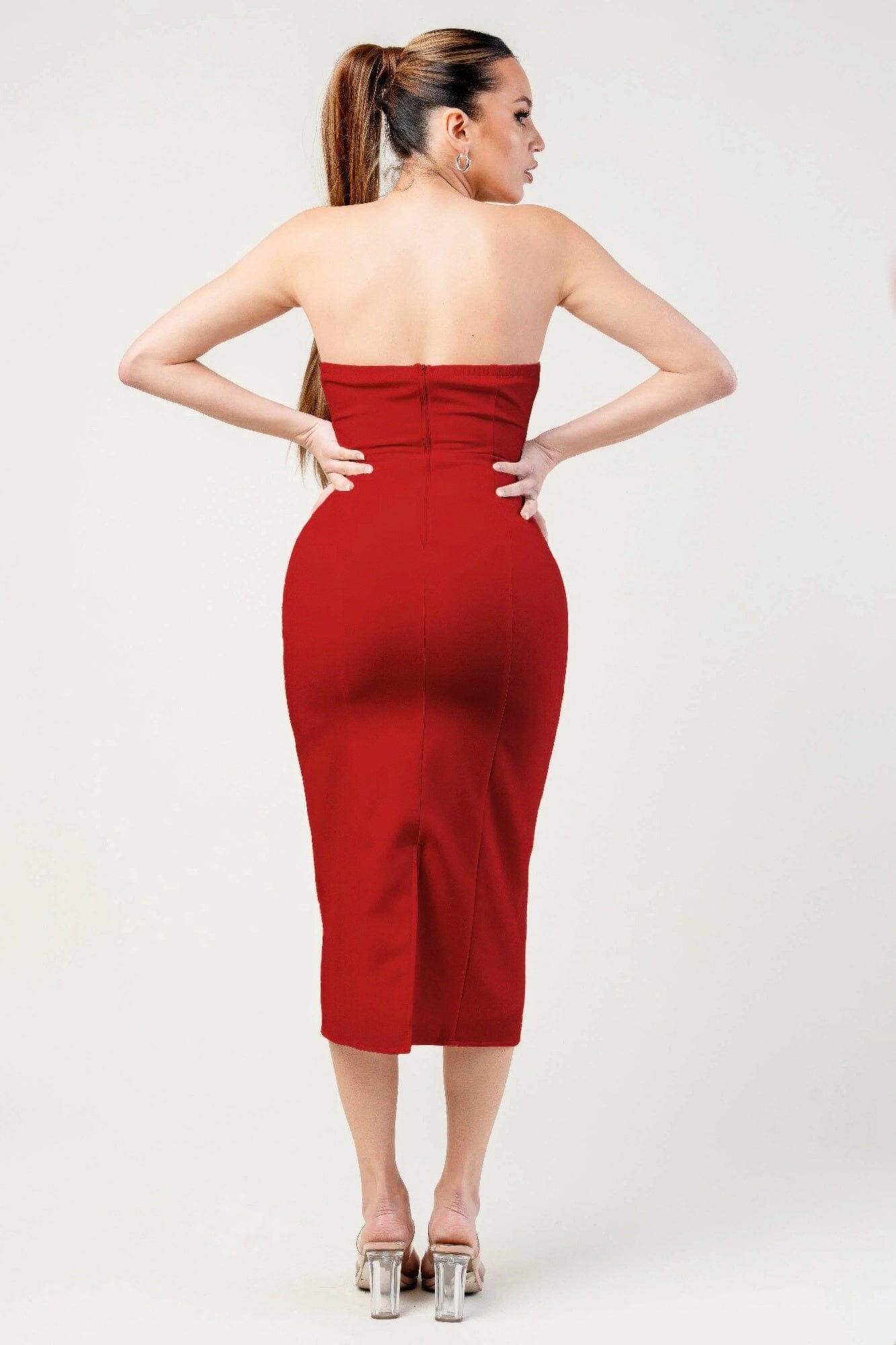 Women Thick Stretch Woven Sweetheart Neck Tube Midi Dress With Pocket Flap Dresses jehouze