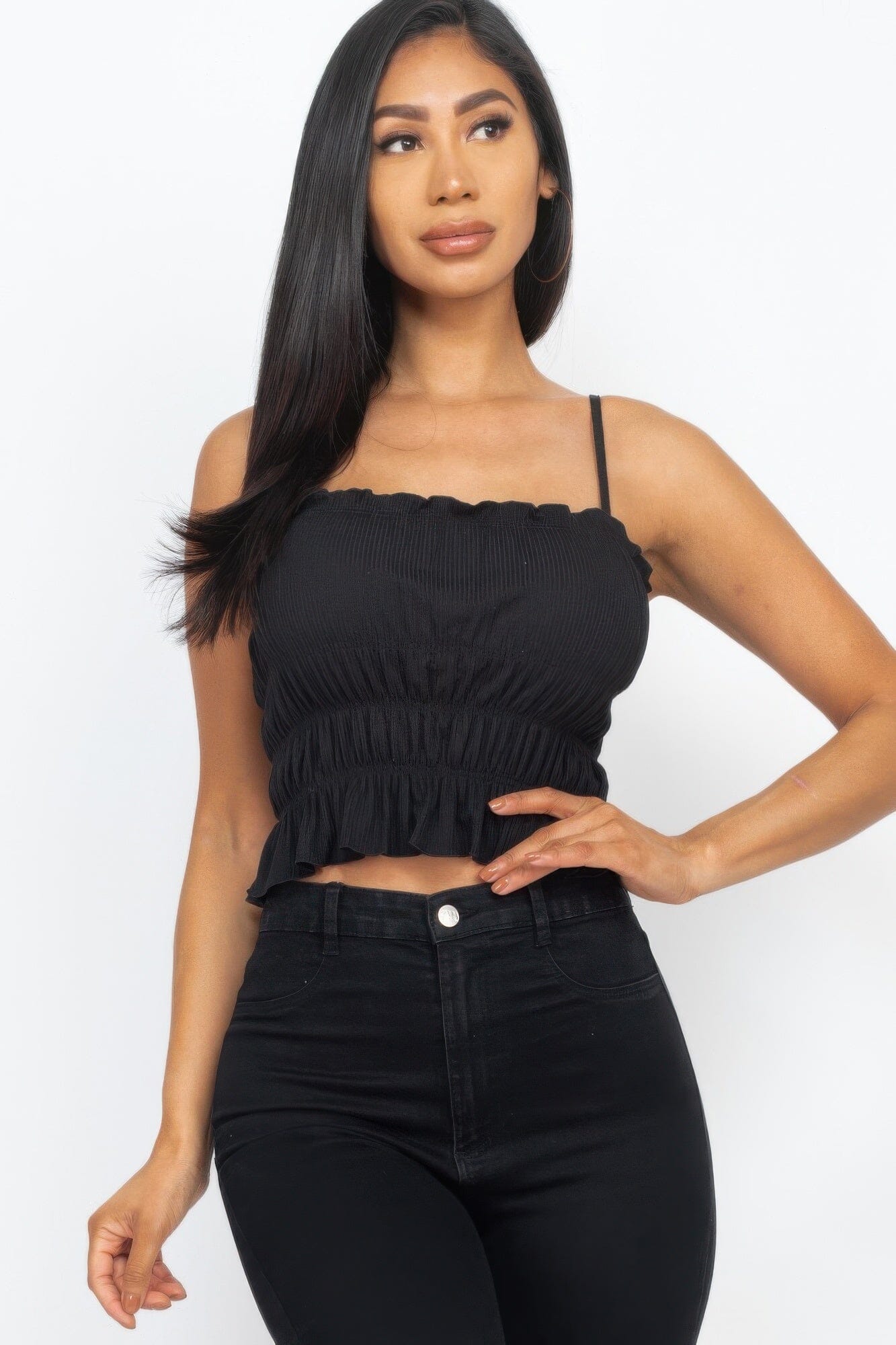 Women Tiered Shirred Body Crop Top Shirts & Tops jehouze Black S