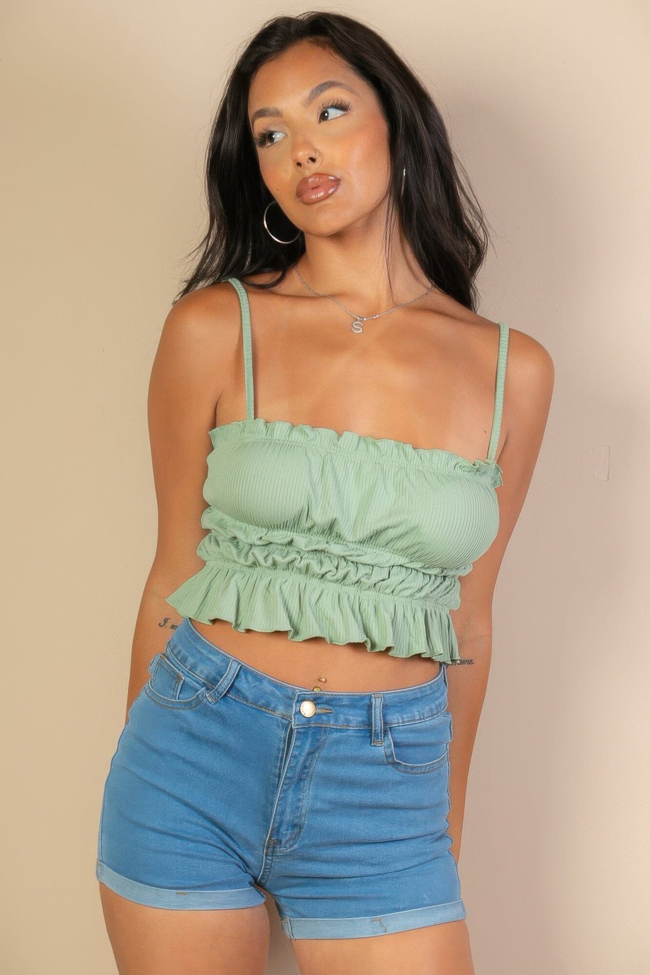 Women Tiered Shirred Body Crop Top Shirts & Tops jehouze Green bay S