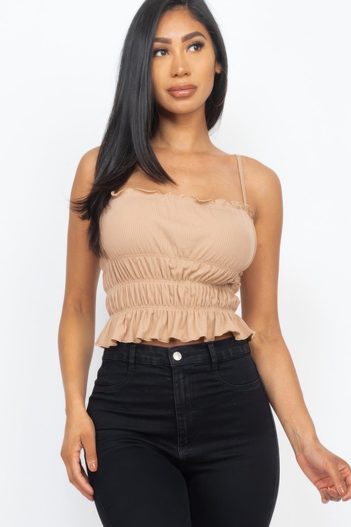 Women Tiered Shirred Body Crop Top Shirts & Tops jehouze Latte S