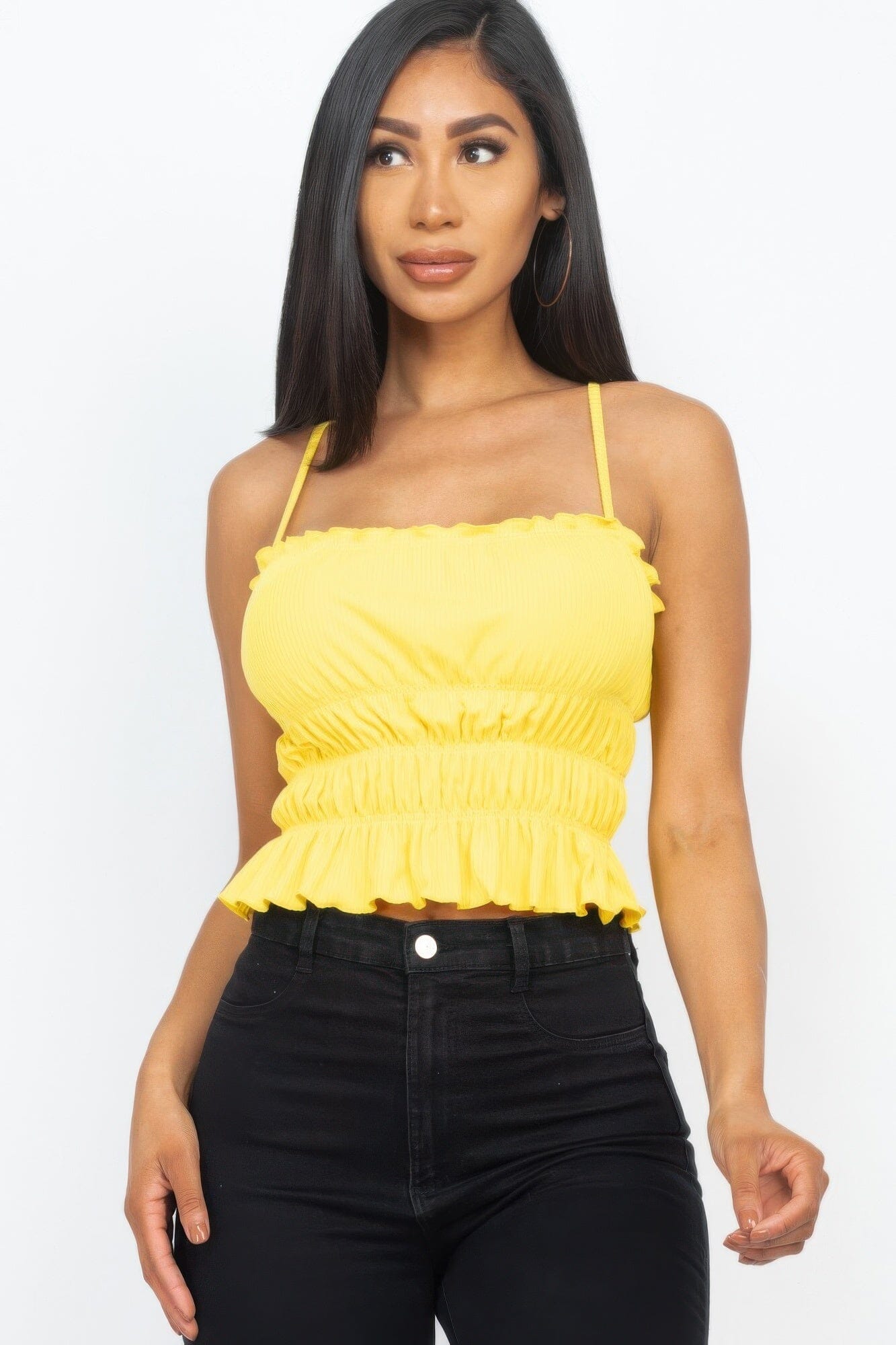 Women Tiered Shirred Body Crop Top Shirts & Tops jehouze Yellow S