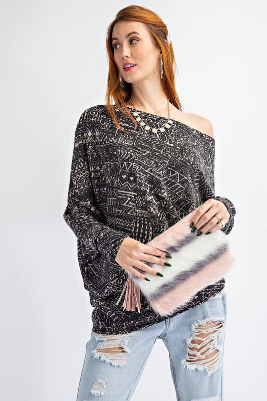 Women Tribal Printed Knit Top Shirts & Tops jehouze Black S