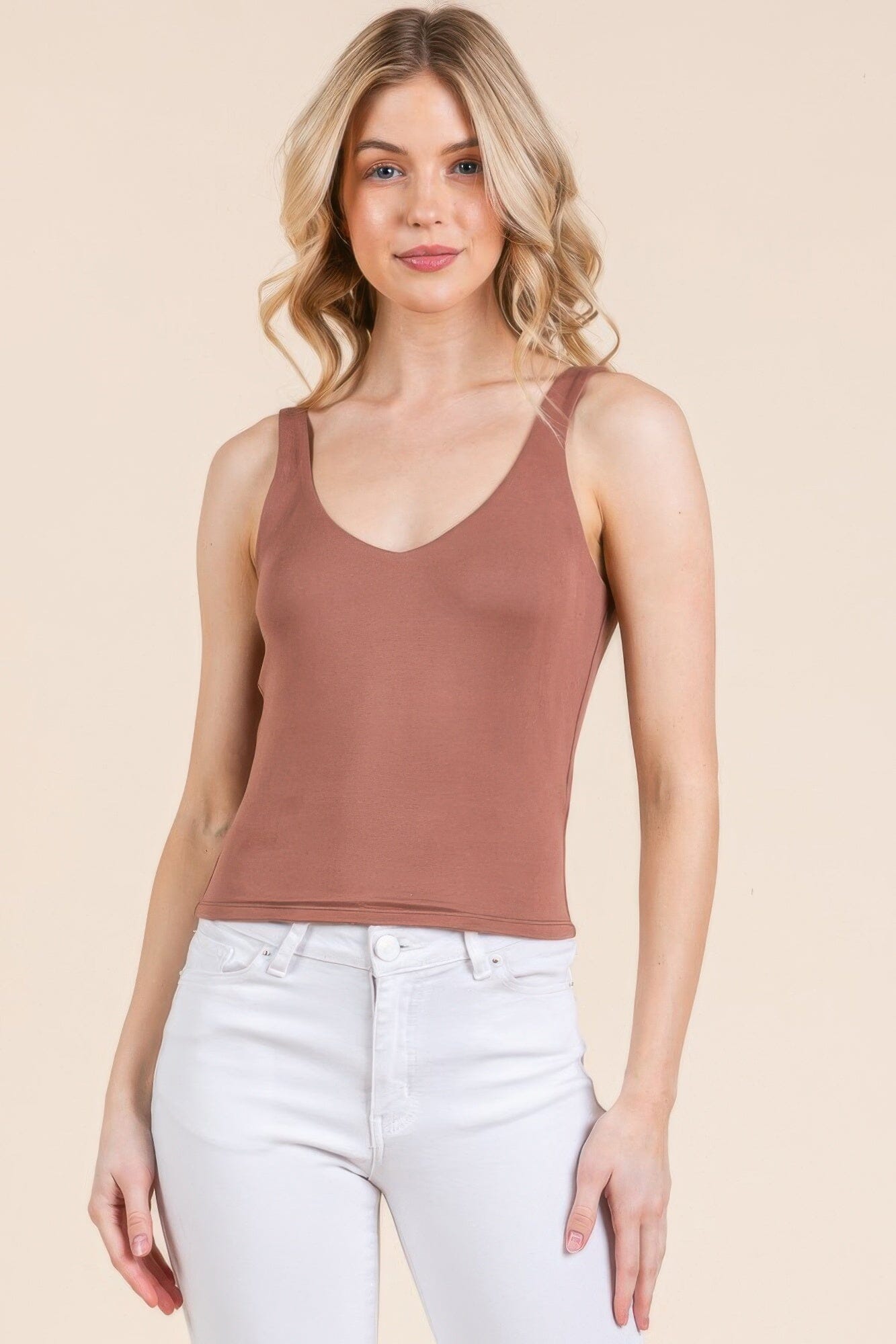 Women V-neck Basic Double Layers Tank Top Shirts & Tops jehouze Cafe cream S
