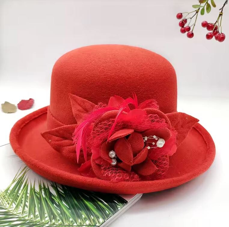 Women Vintage Flower Wool Fedoras Bowler Wedding Tea Party Hat Hat jehouze Rust Red