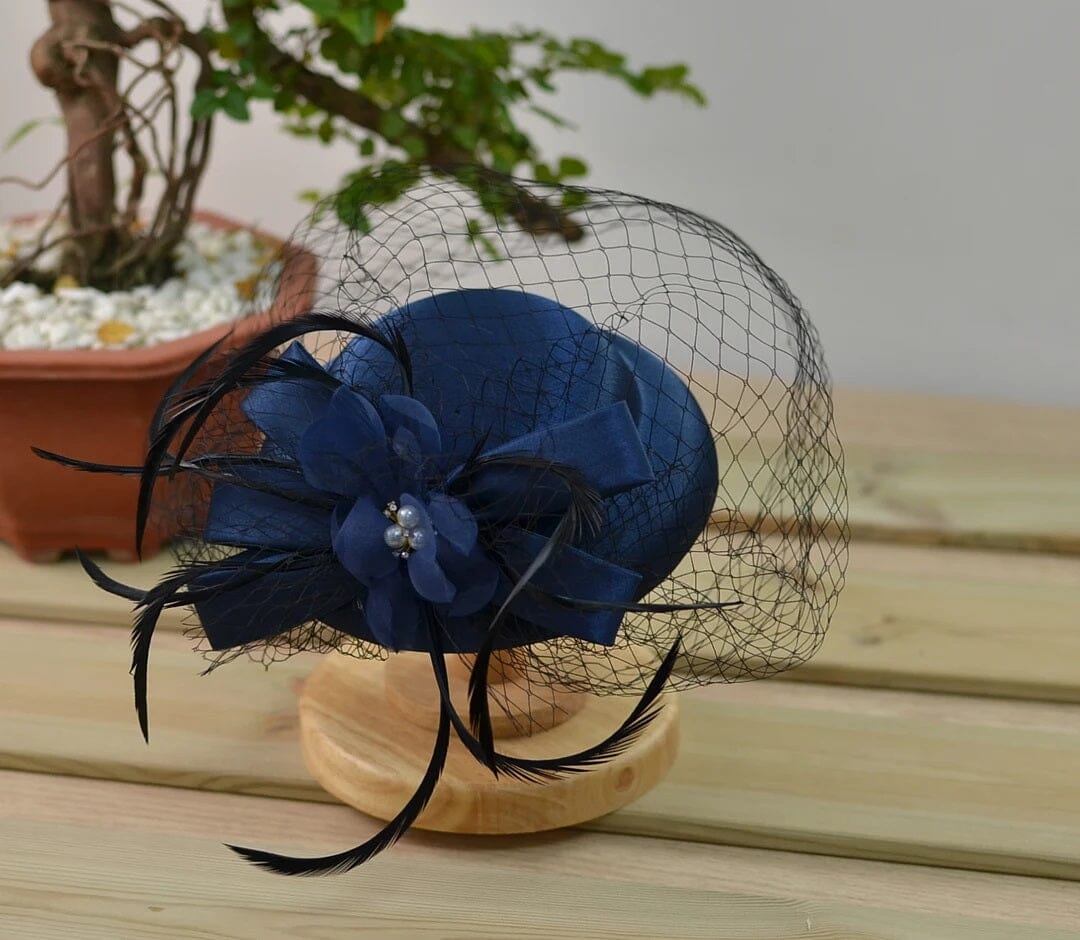 Women Vintage Pillbox Kentucky Derby Fascinator Flower Veil Wedding Tea Party Hat Hat jehouze dark blue 