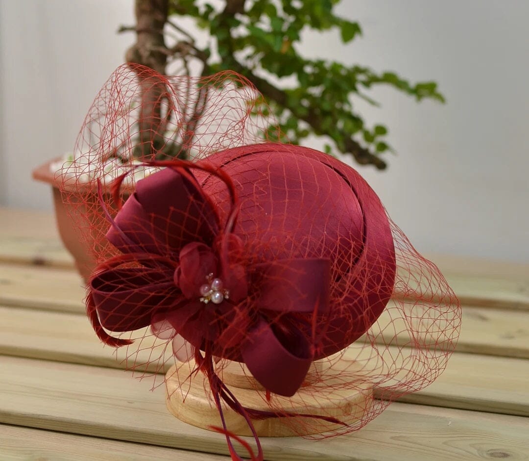 Women Vintage Pillbox Kentucky Derby Fascinator Flower Veil Wedding Tea Party Hat Hat jehouze red