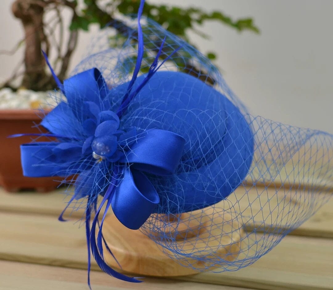 Women Vintage Pillbox Kentucky Derby Fascinator Flower Veil Wedding Tea Party Hat Hat jehouze sapphire blue 