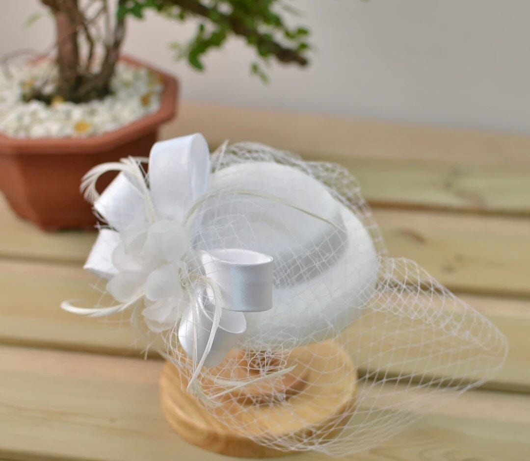 Women Vintage Pillbox Kentucky Derby Fascinator Flower Veil Wedding Tea Party Hat Hat jehouze white 
