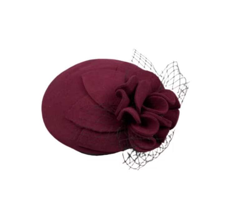 Women Vintage Wool Cashmere British Flower Tea Party Derby Hat Fascinators jehouze Wine Red