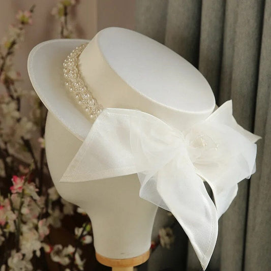 Women White Bow Elegant Pearl Bridal Headwear Wedding Hat Hat jehouze 
