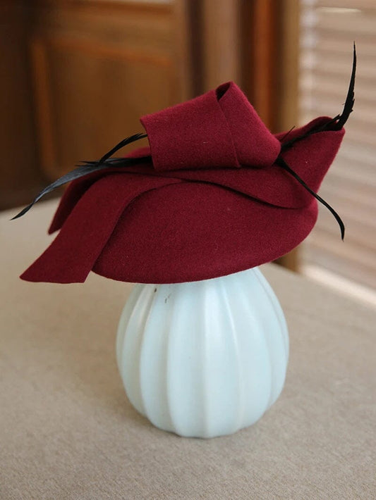 Women Wool Fascinator Pillbox British Wedding Church Hat Fascinators jehouze wine red 