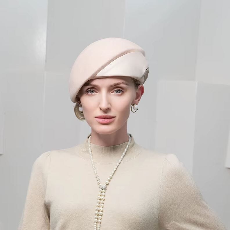 Women Wool Vintage Bowknot Church Cocktail Derby Beret Hat Hat jehouze Beige