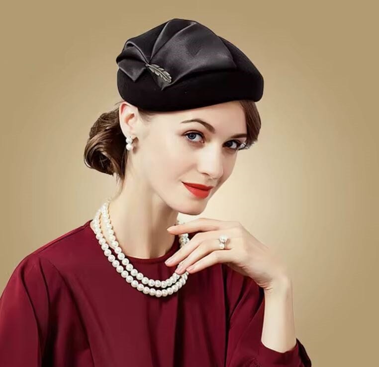 Women Wool Wedding Cocktail Tea party pillbox Brooch Beret Hat Hat jehouze Black