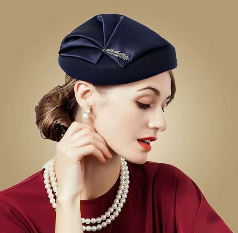 Women Wool Wedding Cocktail Tea party pillbox Brooch Beret Hat Hat jehouze Blue