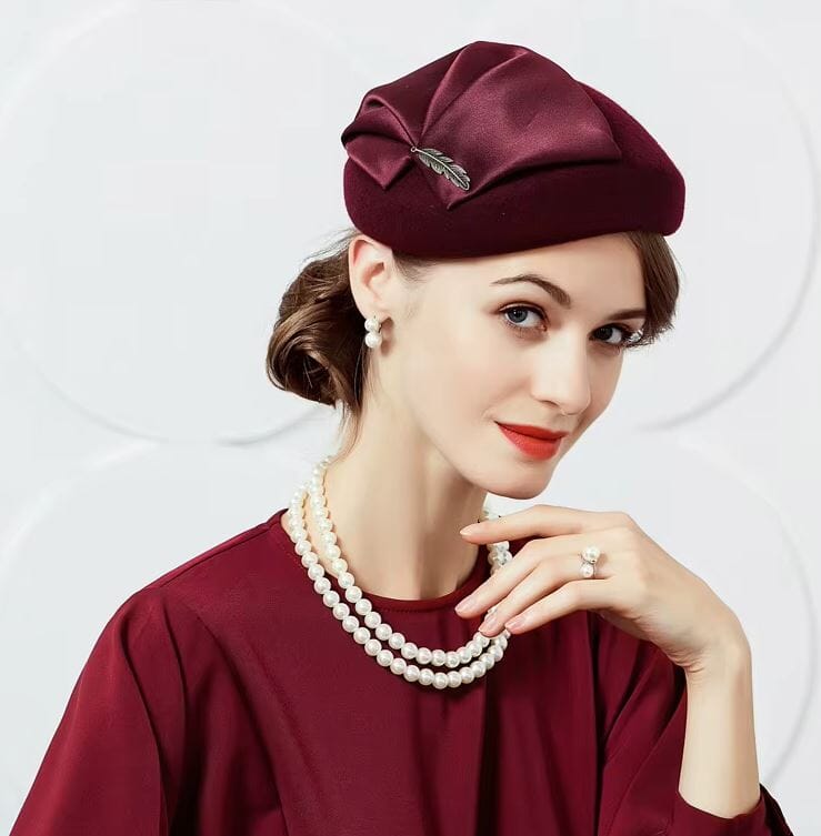 Women Wool Wedding Cocktail Tea party pillbox Brooch Beret Hat Hat jehouze Red