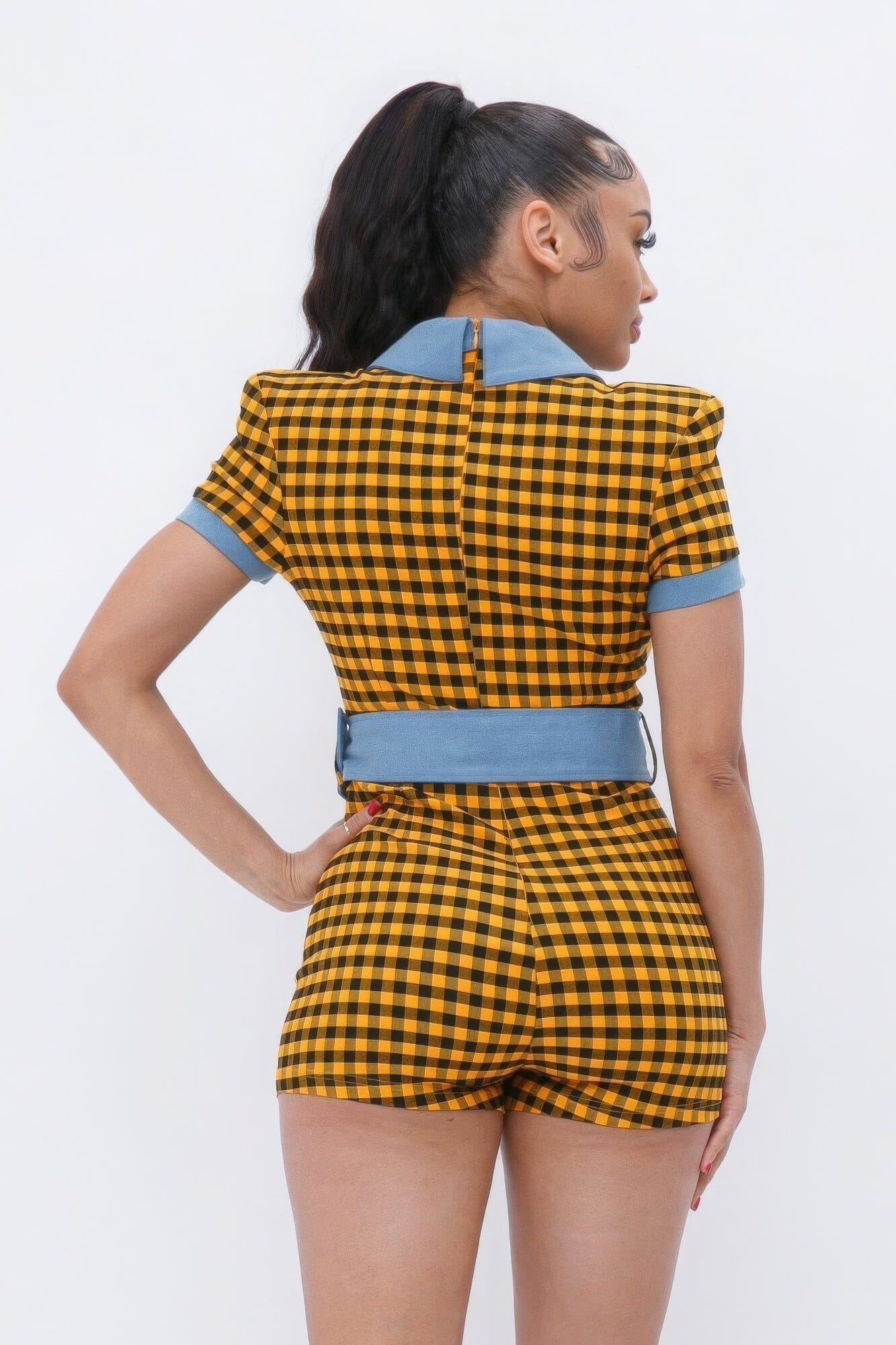 Yellow Plaid Print Denim Belted Front Button Up Romper Jumpsuits & Rompers jehouze