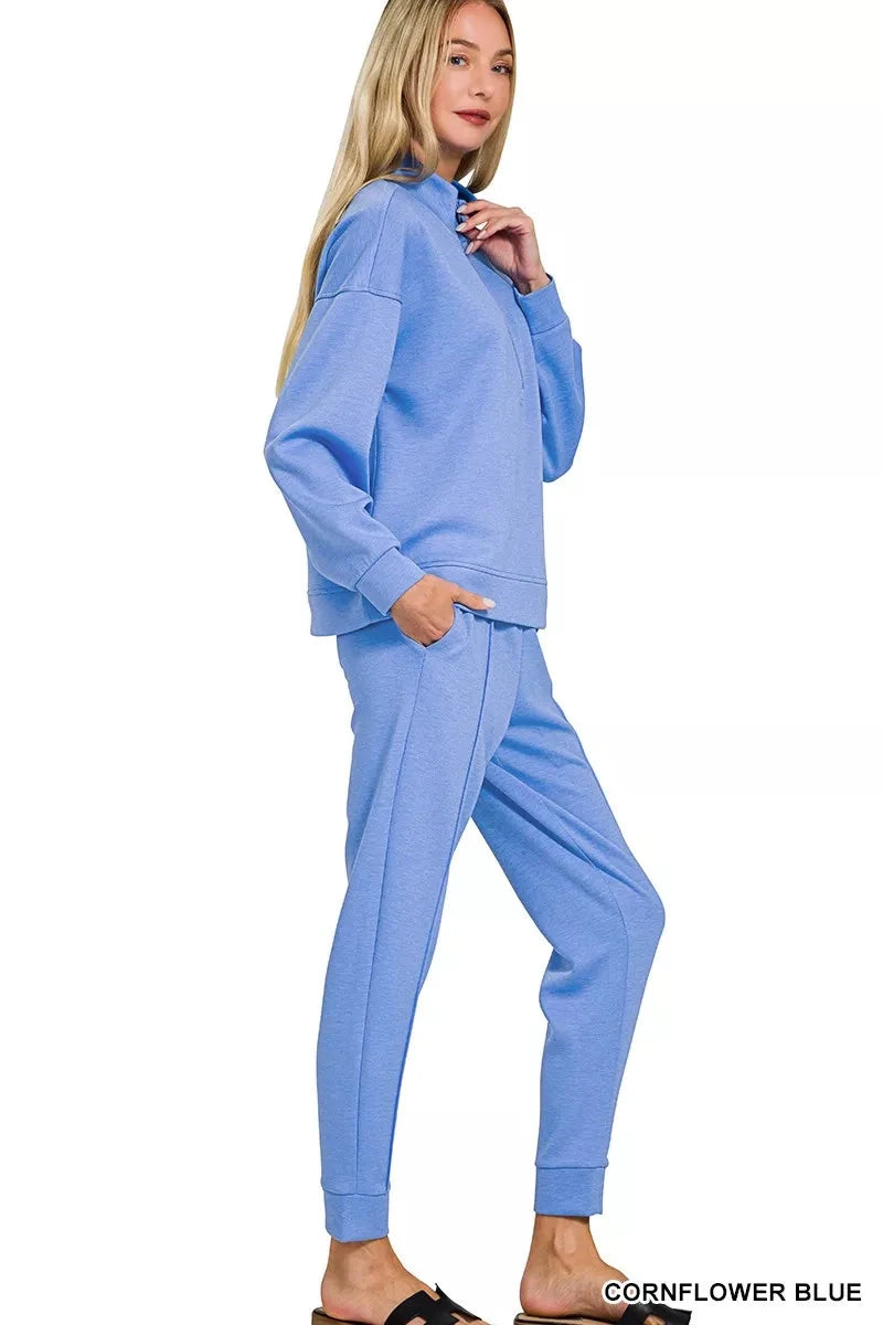 Zenana 2 pcs Scuba Half Zip Pullover and Jogger Loungewear Set Sleepwear & Loungewear jehouze
