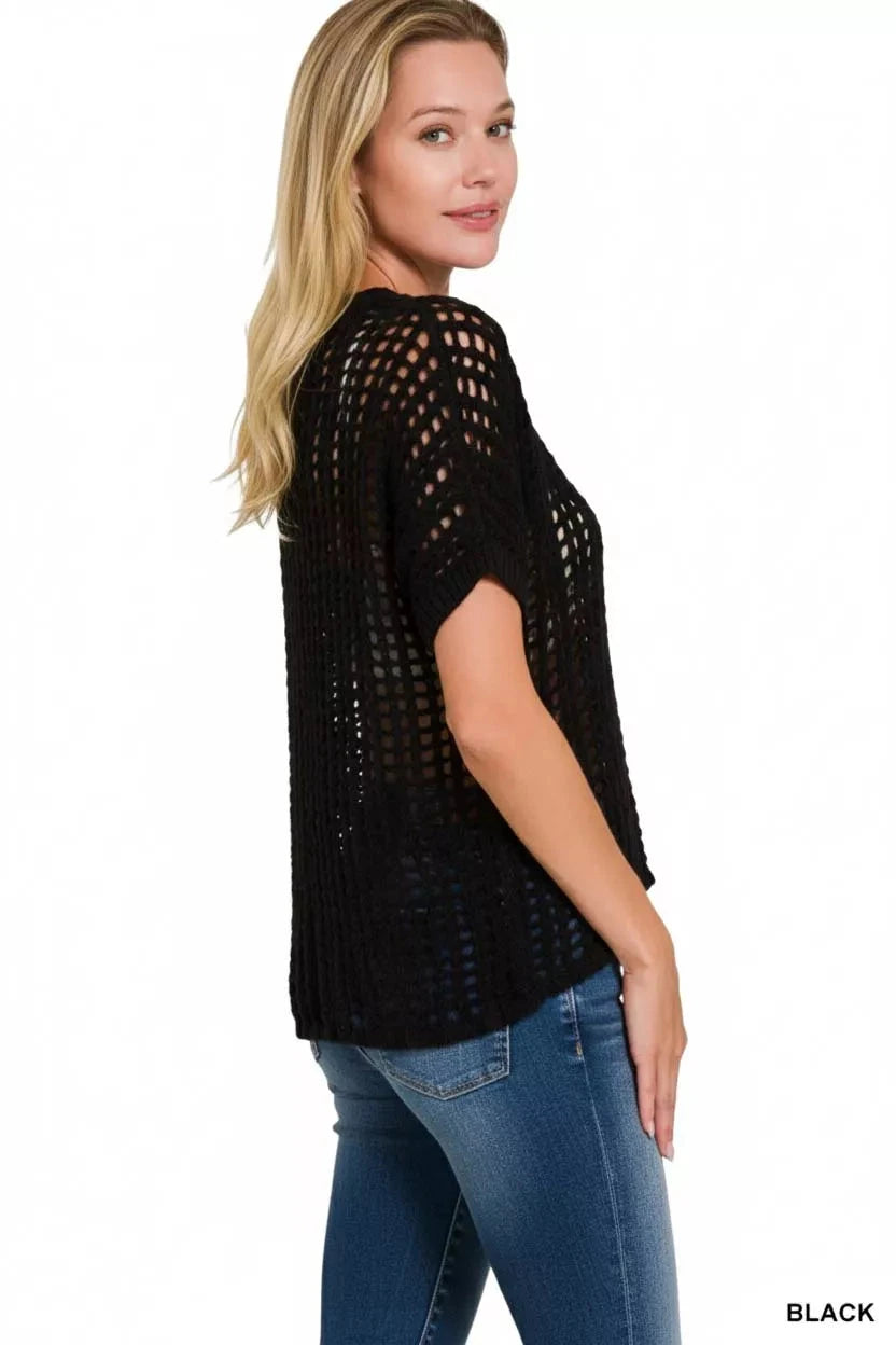 Zenana Fish Net Short Sleeve Crochet Knit Cover Up Outerwear jehouze