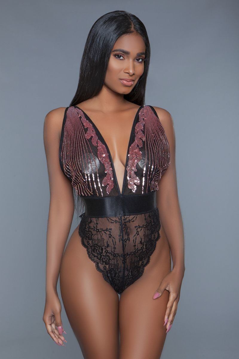 1 Pc. Black Cut-out Lace Bottoms With Raspberry-pink Sequins Plunging Sheer Neckline_ Lingerie jehouze