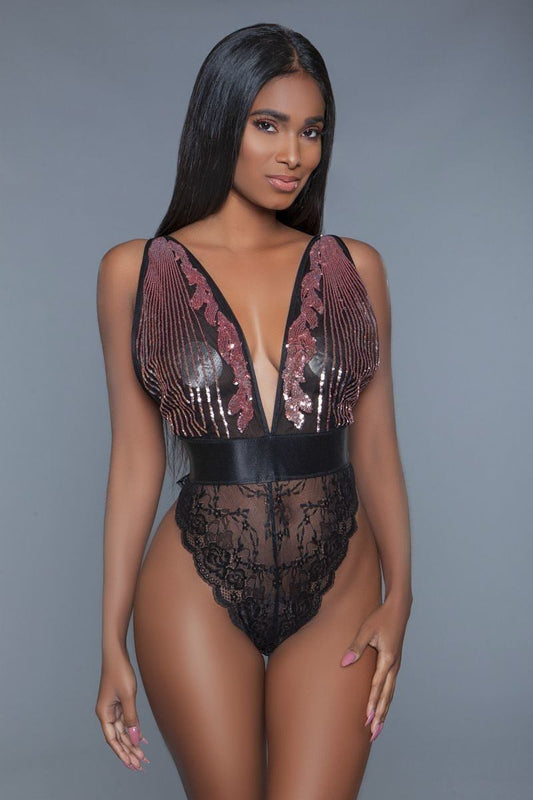 1 Pc. Black Cut-out Lace Bottoms With Raspberry-pink Sequins Plunging Sheer Neckline_ Lingerie jehouze