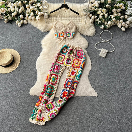 2 pcs Bohemia Colored Plaid Flower Granny Square Hand Crochet mini cami and elastic waist Long Pant Set Outfit Sets jehouze Apricot 