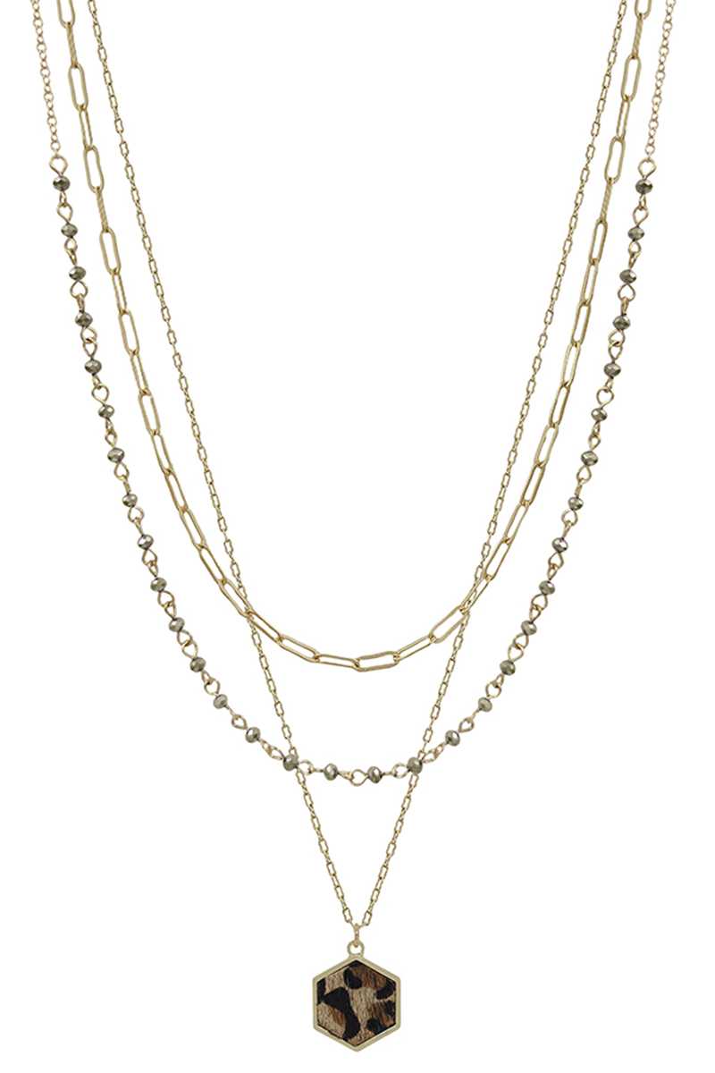 3 Layered Metal Crystal Bead Chain Hexagon Leopard Pendant Necklace_ Necklaces jehouze