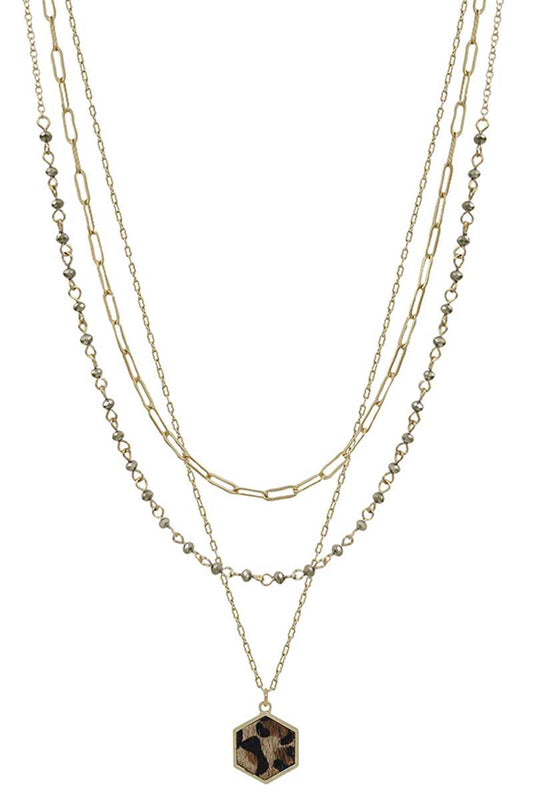 3 Layered Metal Crystal Bead Chain Hexagon Leopard Pendant Necklace_ Necklaces jehouze