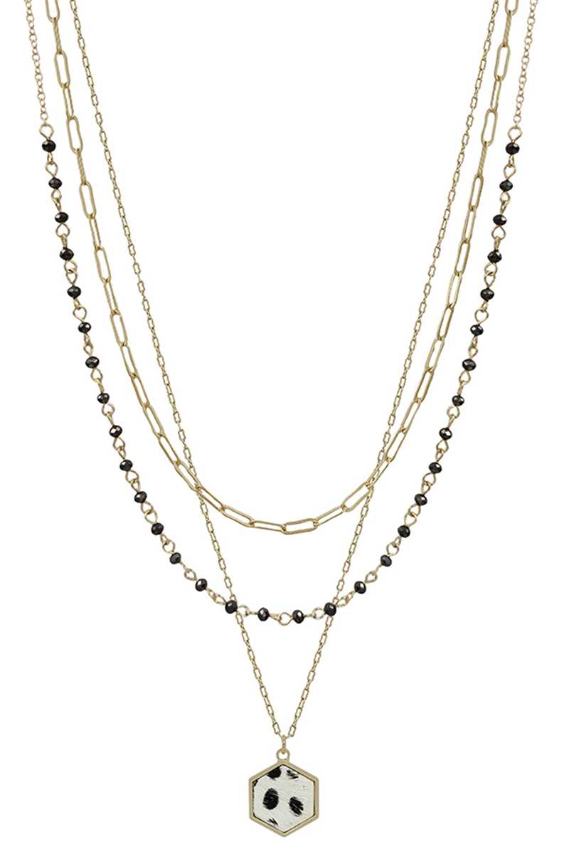 3 Layered Metal Crystal Bead Chain Hexagon Leopard Pendant Necklace_ Necklaces jehouze