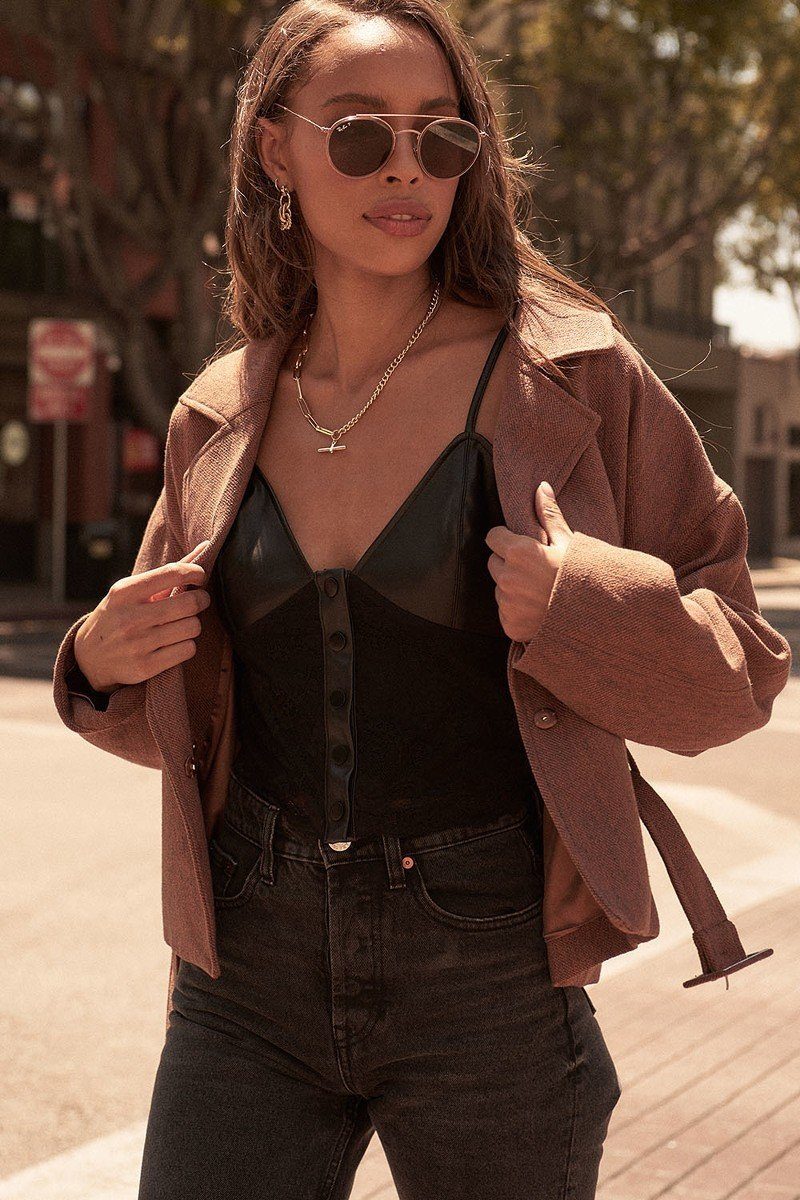 A Faux Leather And Lace Camisole Top_ Shirts & Tops jehouze