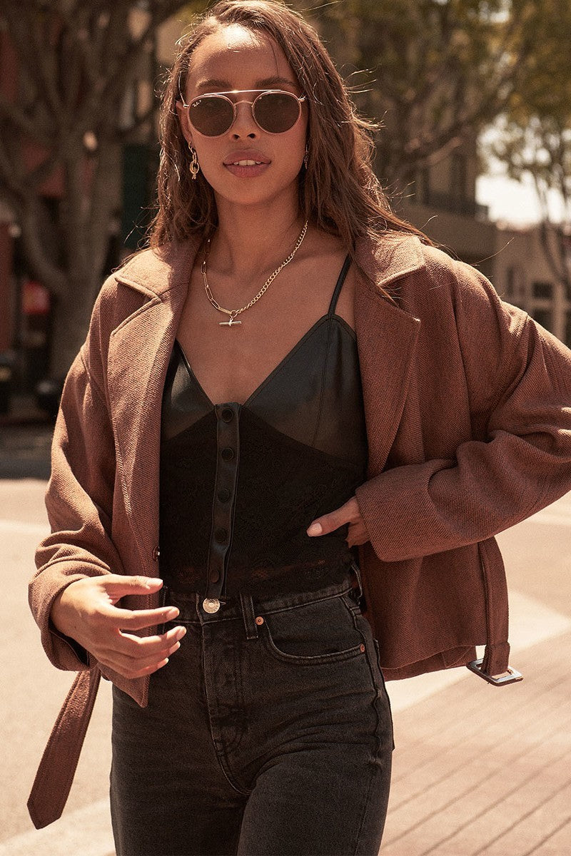 A Faux Leather And Lace Camisole Top_ Shirts & Tops jehouze