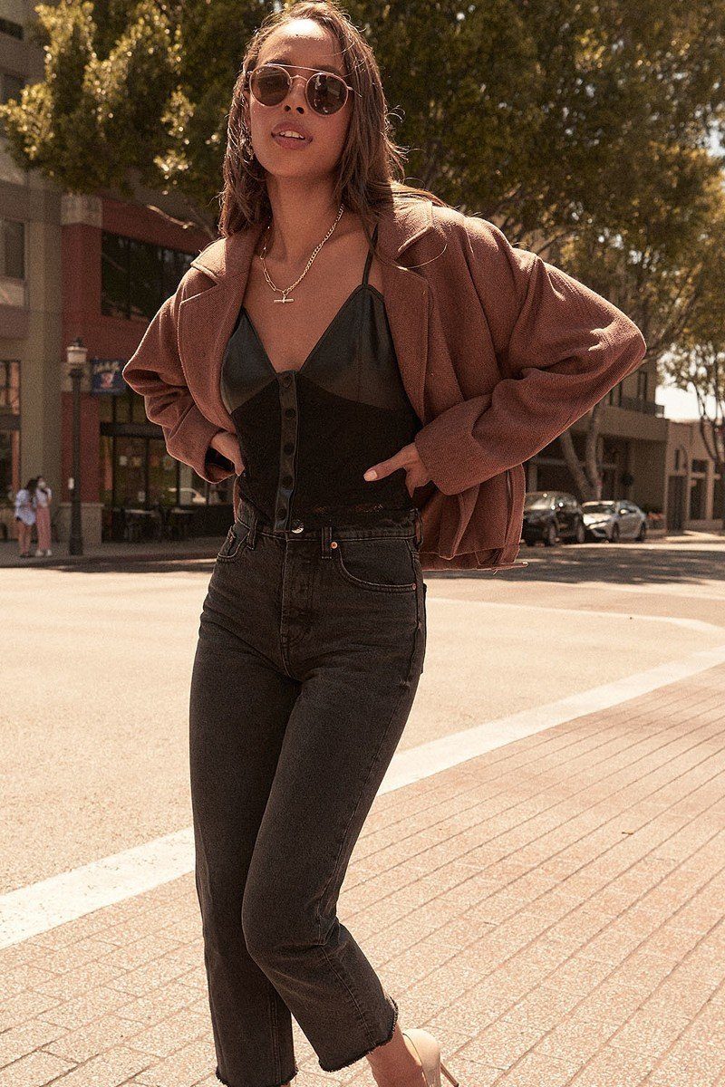 A Faux Leather And Lace Camisole Top_ Shirts & Tops jehouze