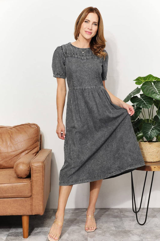 And The Why Charcoal Grey Round Neck Short Sleeves Washed Chambray Midi A Line Dress Dresses jehouze Charcoal S 