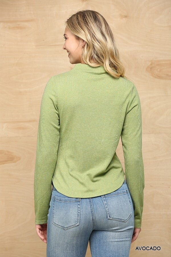 Avocado Green Soft Knit Mock Neck Side Ruched Long Sleeve Top jehouze