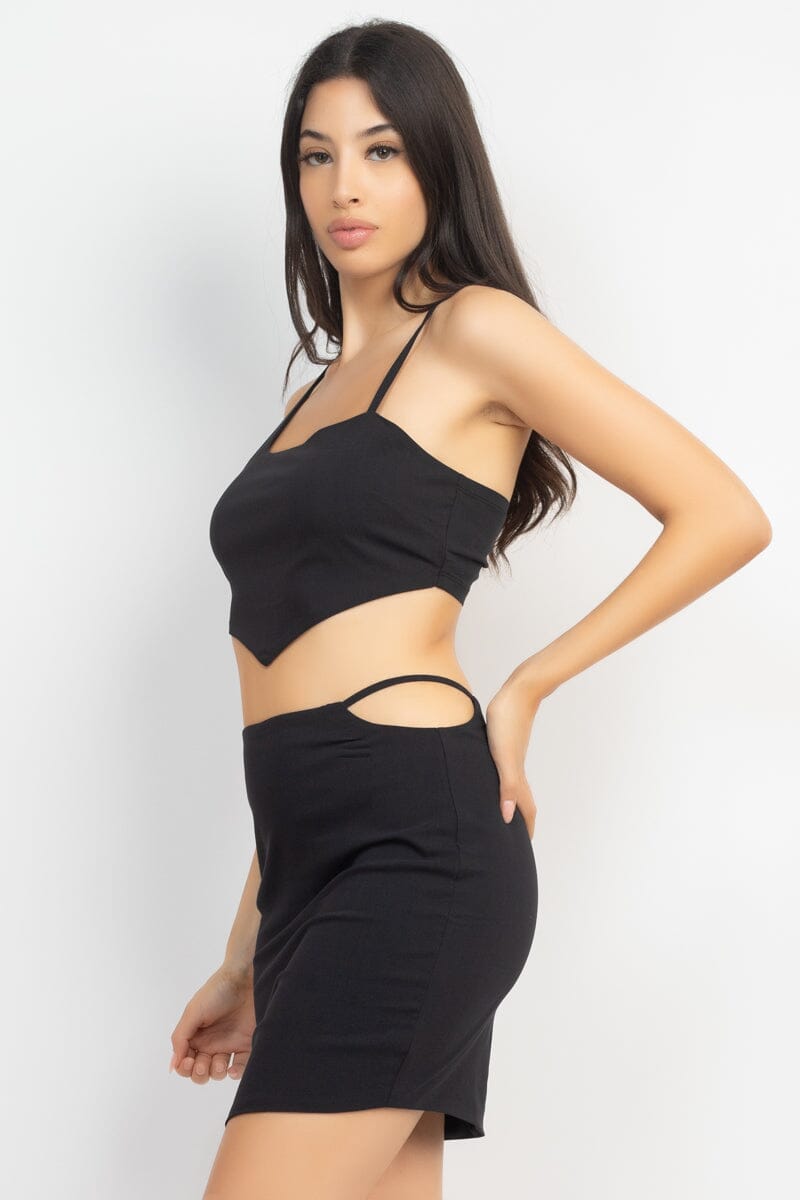 Black Asymmetrical Cross Back Top & Skirts Set_ Matching Sets jehouze